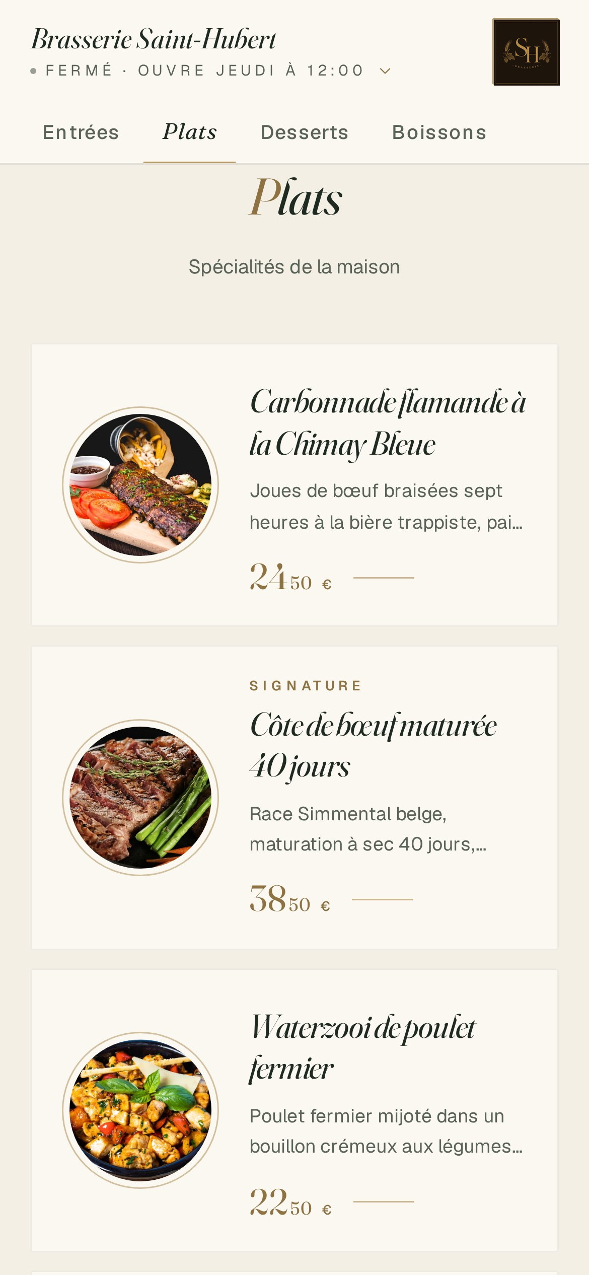 Boutique en ligne d'un restaurant sur mobile : carte digitale avec photos, descriptions et prix