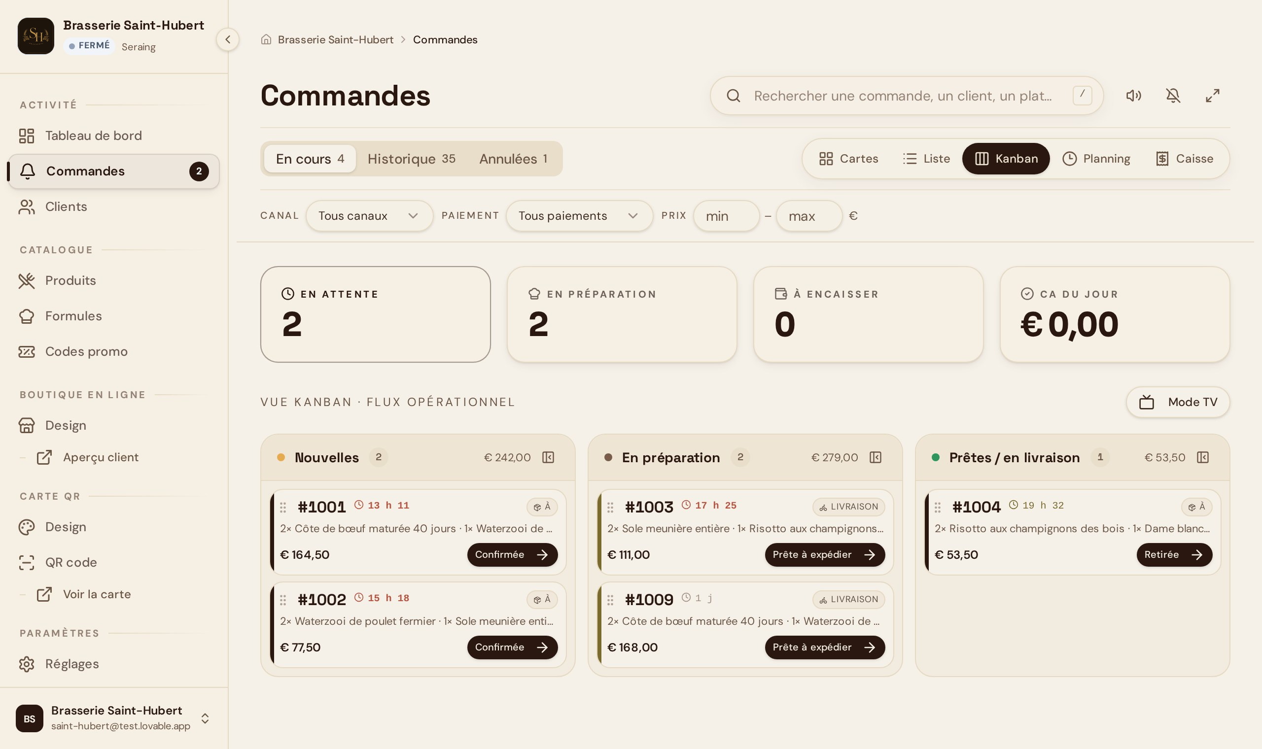 Écran de suivi des commandes en cuisine : colonnes Nouvelles, En préparation et Prêtes